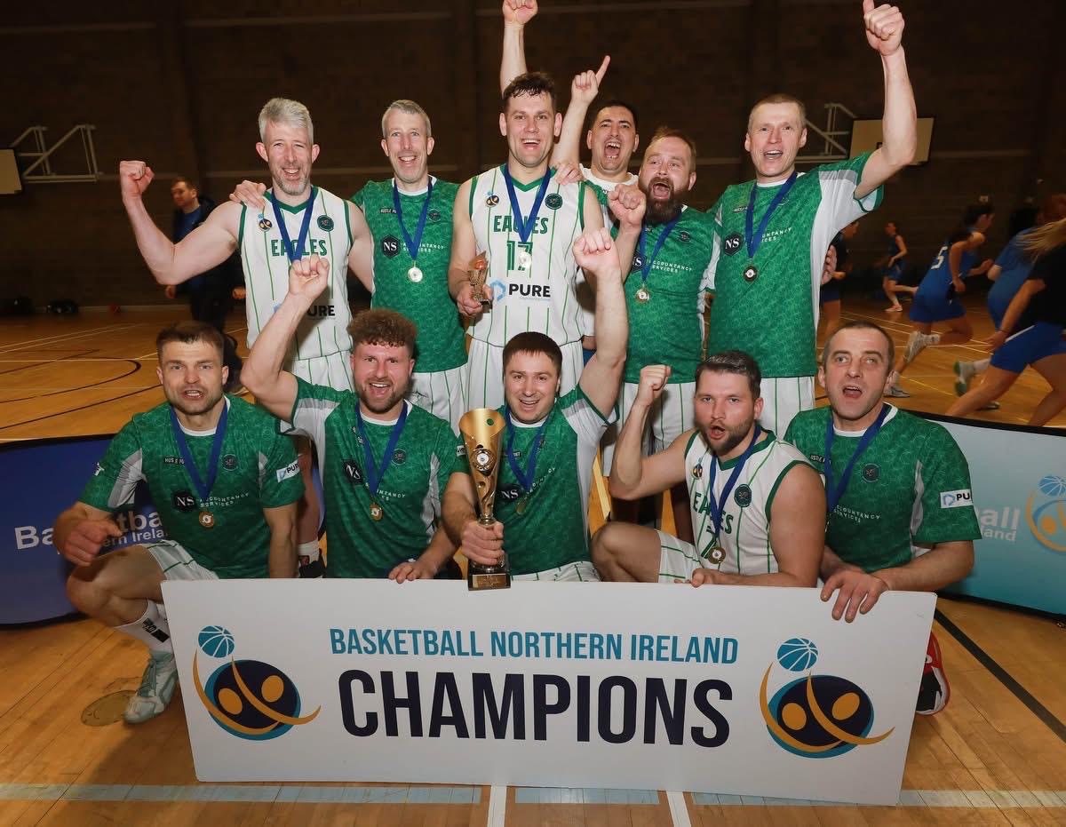 Newry Eagles lifting the Basketball NI trophy